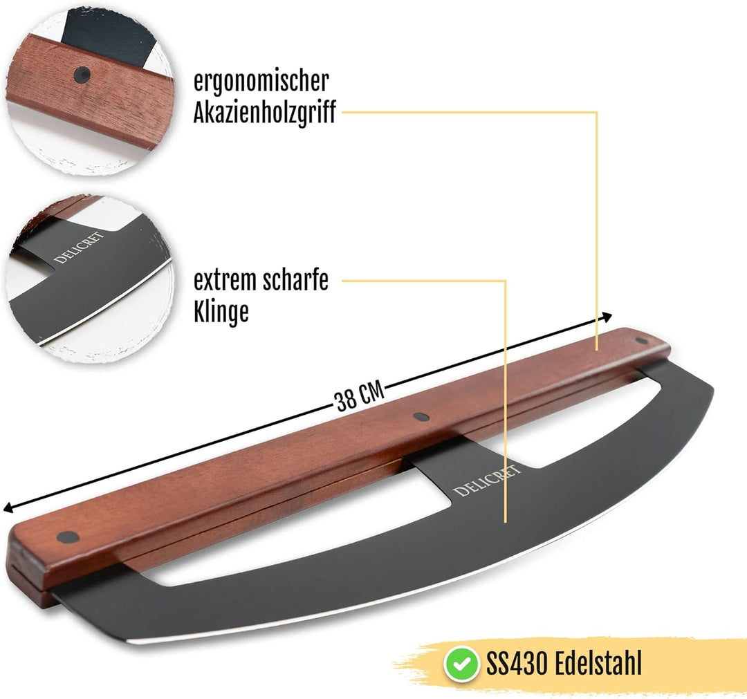 DELICRET "Black Line"- Pizza Wiegemesser | Pizzaschneider mit Akazienholtgriff & scharfer Edelstahlk