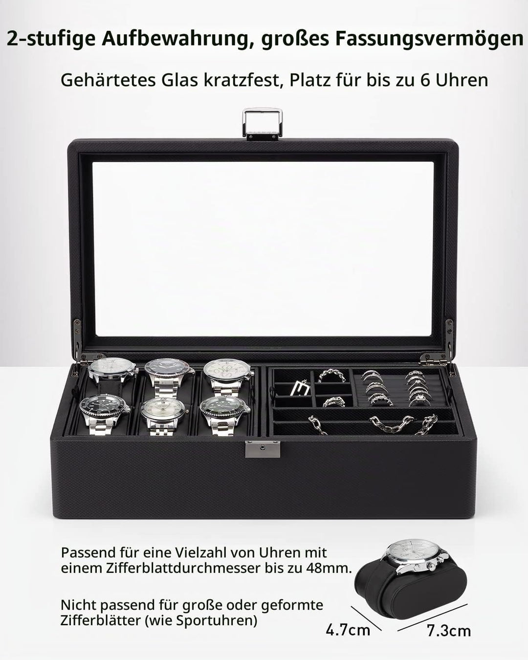 Vlando Uhrenbox Uhrenkasten mit Glasdecekel, Watch Box für Herren, Uhrenaufbewahrung Schmuckaufbewah