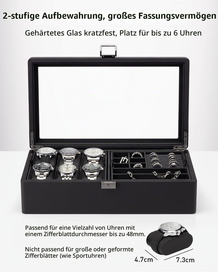 Vlando Uhrenbox Uhrenkasten mit Glasdecekel, Watch Box für Herren, Uhrenaufbewahrung Schmuckaufbewah