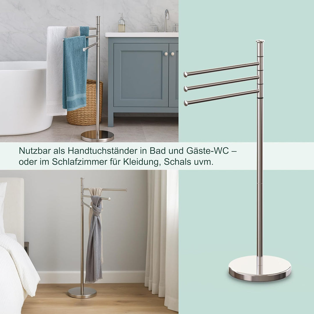 Relaxdays Handtuchhalter, 3 bewegliche Stangen, HBT: 85,5 x 42 x 22 cm, Edelstahl, Badezimmer, Handt