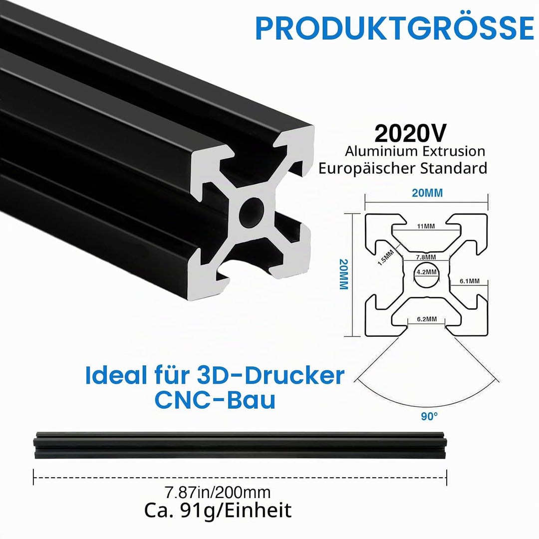4 Stück V Typ Systemprofile 2020 250mm Aluminiumprofil Extrusions Eloxierte Linearschiene 20x20 Alup