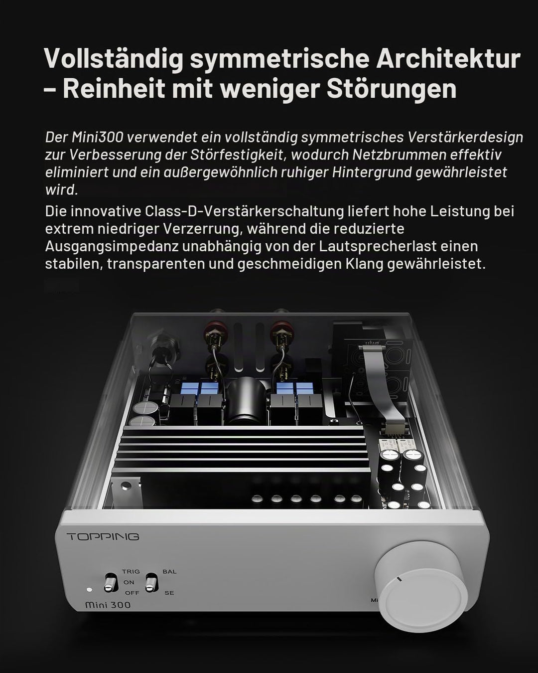 Topping Mini 300 Kompakter Desktop-Leistungsverstärker, 140 W x 2 TRS/RCA-Eingang, vollsymmetrischer