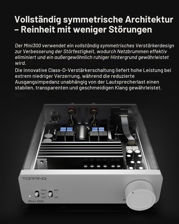 Topping Mini 300 Kompakter Desktop-Leistungsverstärker, 140 W x 2 TRS/RCA-Eingang, vollsymmetrischer