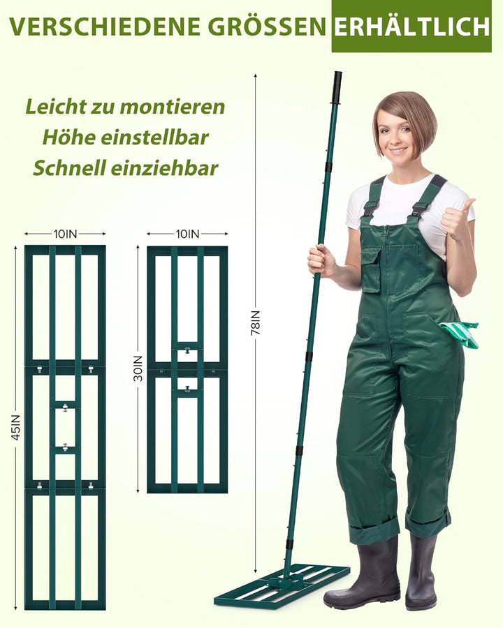 Rasen Rakel 76x25cm, Nivellierrechen, Rasenrechen breit Sanden, Rakel für Rasen mit 198cm Stiel, Gar