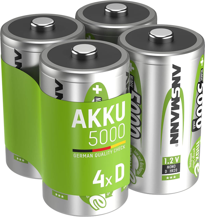 ANSMANN Akku Mono D 5000 mAh NiMH 1,2 V (4 Stück) - Mono D Batterien wiederaufladbare Zellen, maxE s