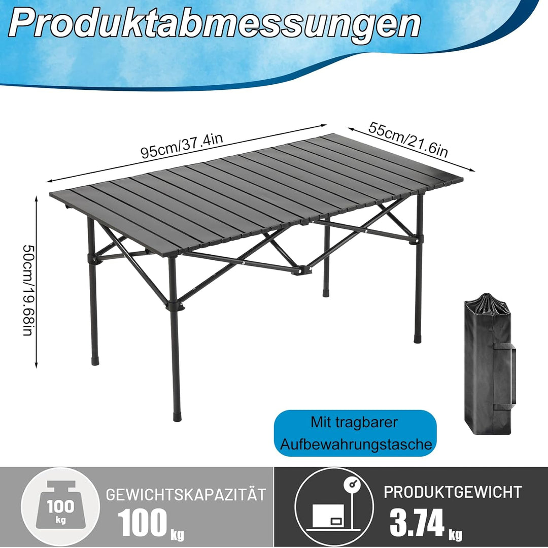 Klappbarer Campingtisch Aluminium 95x55 cm, Wetterfester Faltbarer Tisch für 4-6 Personen, Leicht &amp;