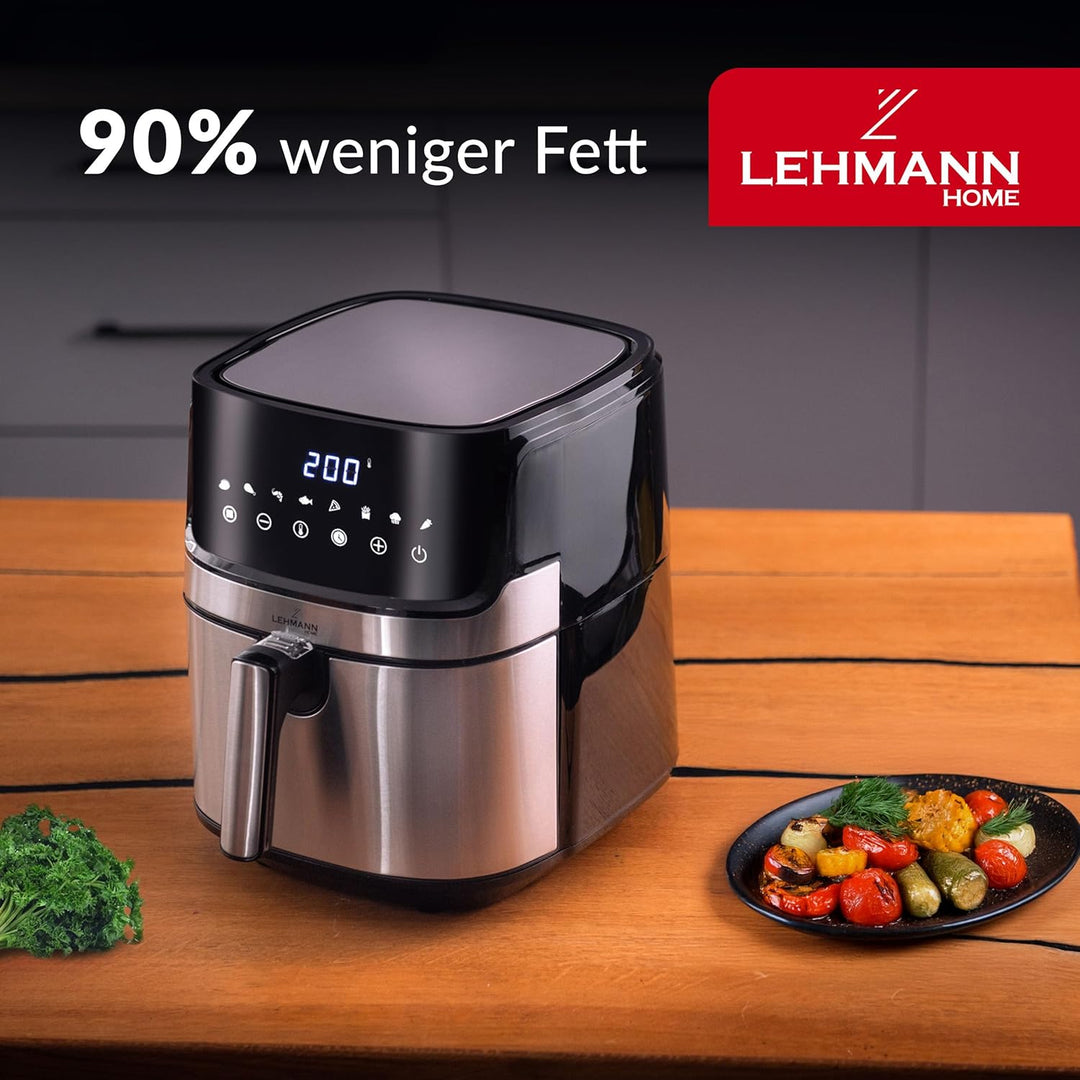 LEHMANN Heissluftfritteuse XL 6,5L, 8 Programme, Grosse Metallkammer, Digitales Display, Timer, Anti