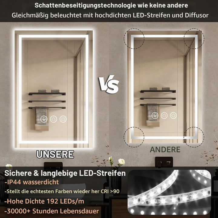 40x60cm Badspiegel mit Beleuchtung LED, Spiegel mit Light, Wandspiegel mit Frontbeleuchtung, Antibes