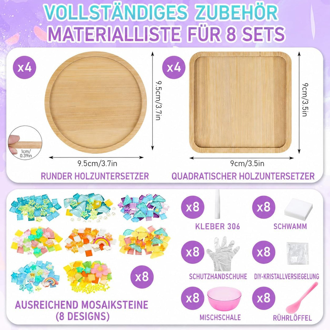 KDXBQ 8 Stück Mosaik Bastelset Untersetzer, DIY Mosaiksteine Set mit Bambus-Schalen, Komplettes Bast