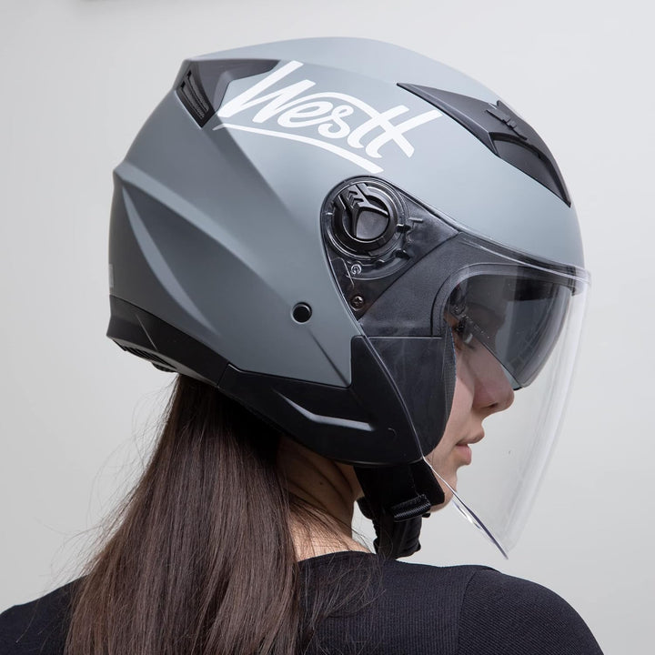 Westt Jethelm mit Visier und Sonnenblende Motorradhelm Herren Damen Rollerhelm Mopedhelm Mofa Choppe