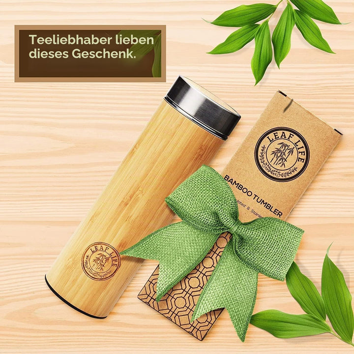 LeafLife Teeflasche mit Sieb to Go - 500ml Tea infuser aus Bambus - Teeflasche to go für Teeblätter