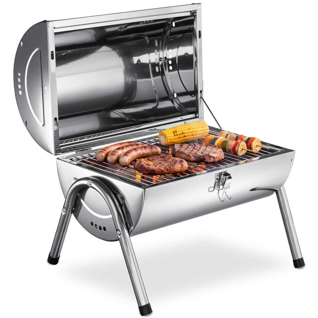 tectake® Edelstahlgrill, wetterfest, Doppel-Grillfläche 34 x 45 cm
