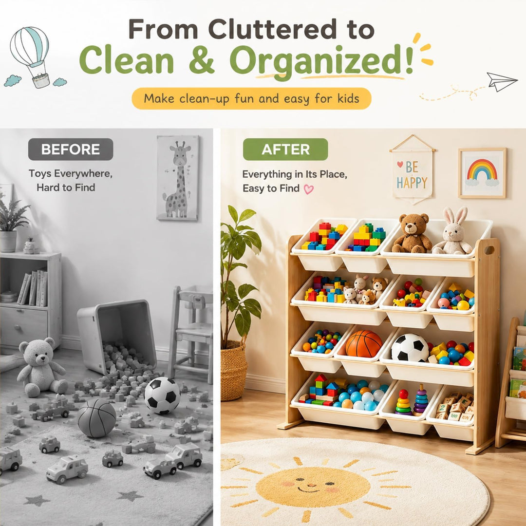 Kinderregal mit 12 Boxen,Spielzeug Organizer Naturholzfarbe | Praktische Spielzeugaufbewahrung mit m