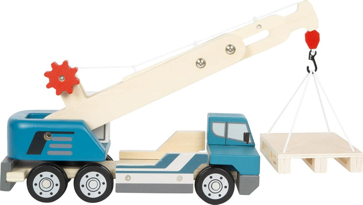 small foot Kranwagen mit Palette aus Holz, Spielfahrzeug für Kinder, mit 360°-drehbarem Kran und Zub