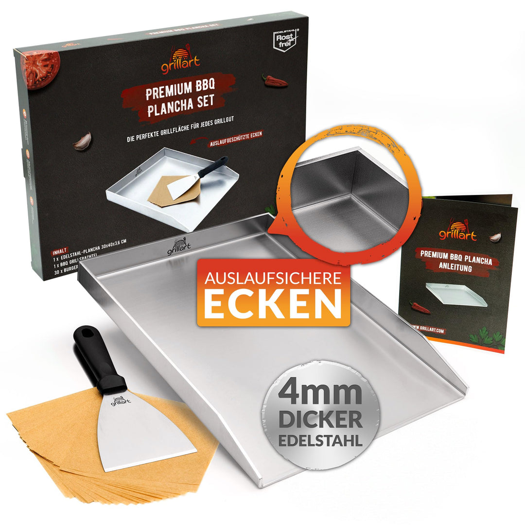 grillart® Premium Plancha Grillplatte mit Grillspachtel aus massiven 4mm Edelstahl, 30x40cm Universa