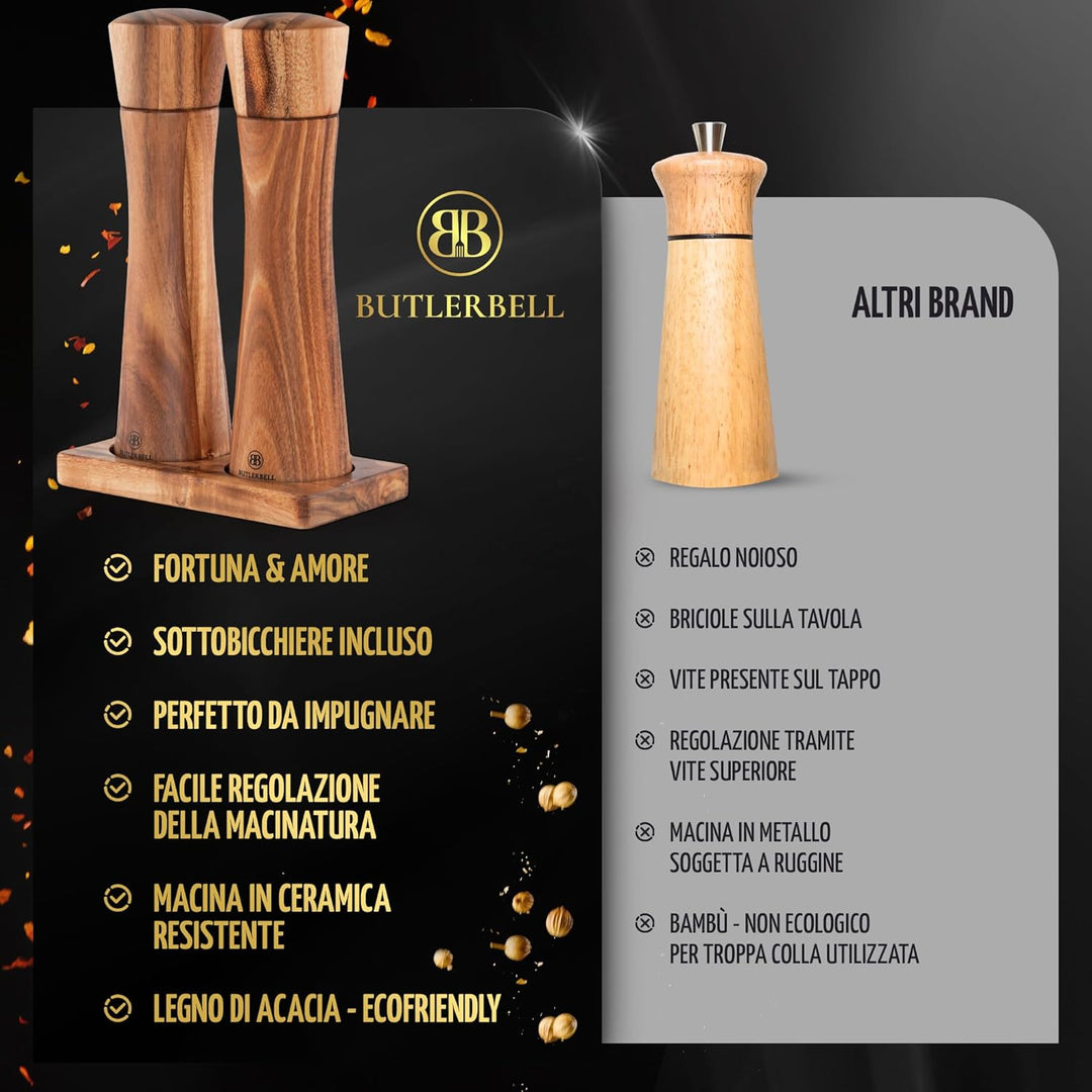 BUTLERBELL® Salz und Pfeffermühle Holz inkl. Untersetzer in Luxus Geschenkbox ideal als Hochzeitsges