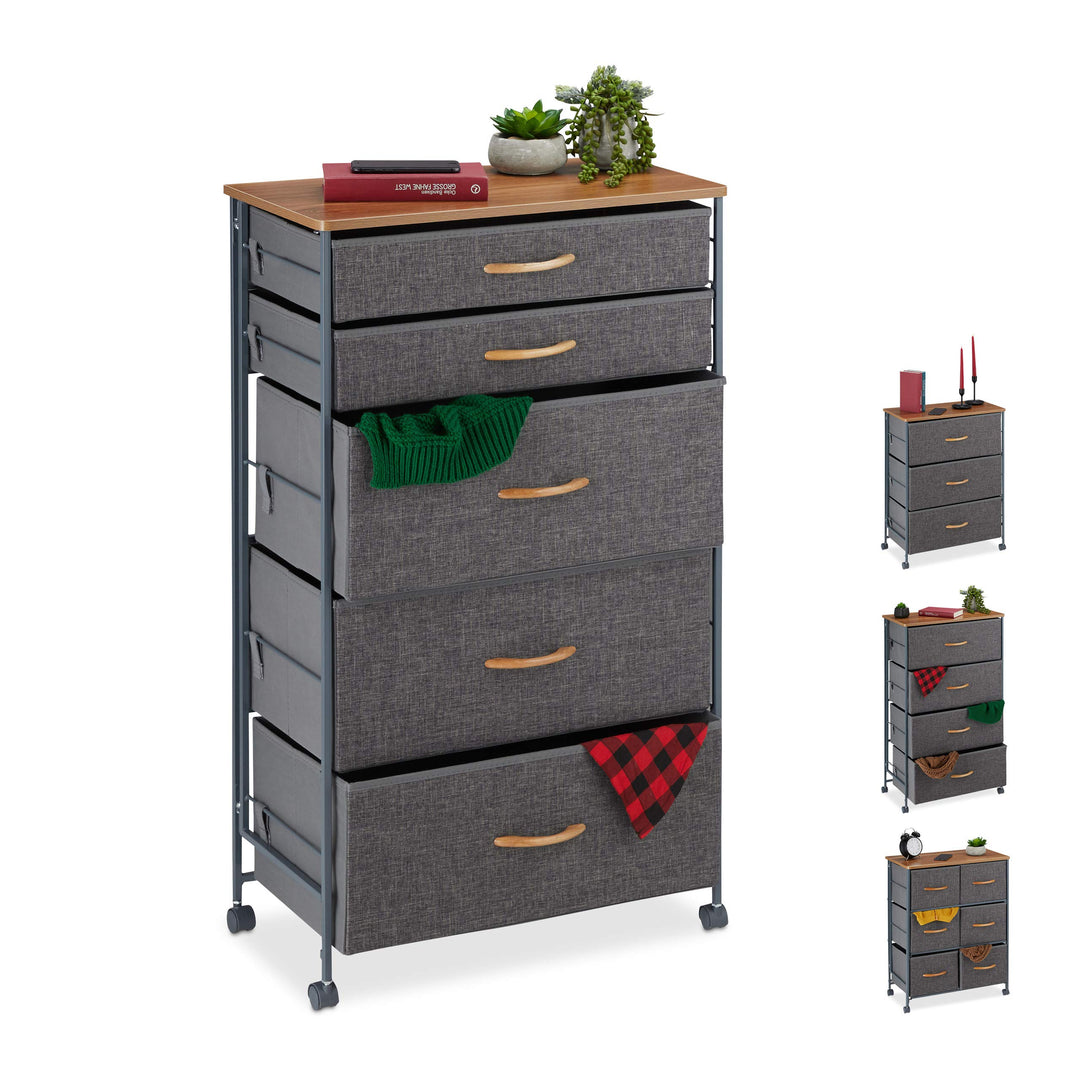 Relaxdays Schubladenschrank mit Rollen, 5 Stoff Schubladen, Deko Stoffschrank, Holzoptik, HBT 96,5 x
