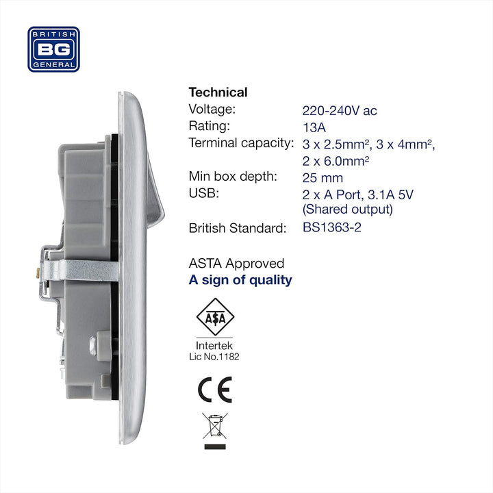 BG Electrical NBS22U3B Nexus Metall, gebürsteter Stahl, doppelt geschaltete 13A-Steckdose mit USB-Au