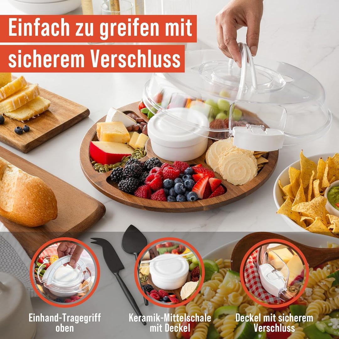 Chef Pomodoro Rundes Charcuterie Board mit Deckel (34 cm) – tragbares Käsebrett, Käseplatte, Holzpla