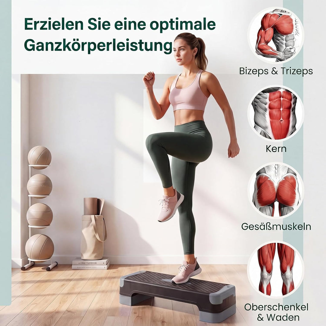 GYMAX Steppbrett, 4 Stufen Höhenverstellbar 10/14/15/19,5 cm | 3-in-1 Aerobic Stepbrett mit Balance
