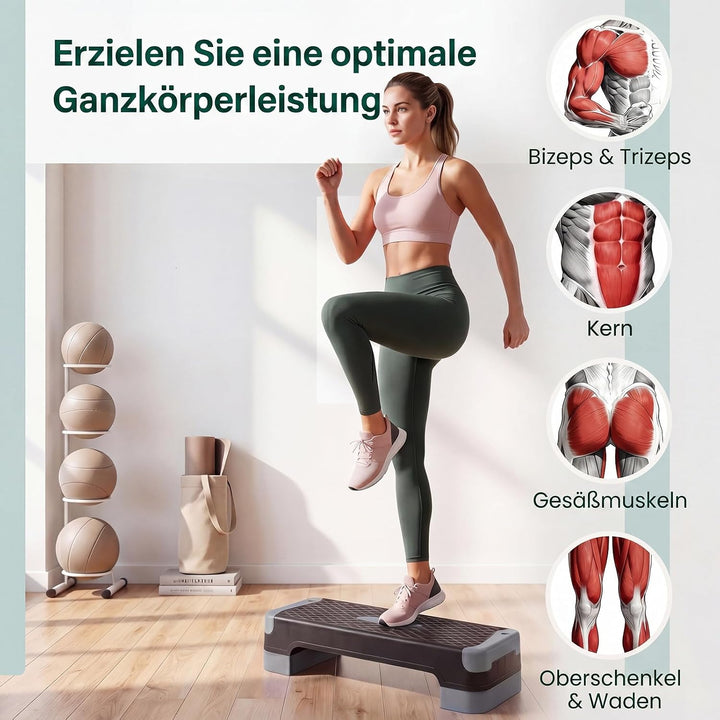 GYMAX Steppbrett, 4 Stufen Höhenverstellbar 10/14/15/19,5 cm | 3-in-1 Aerobic Stepbrett mit Balance