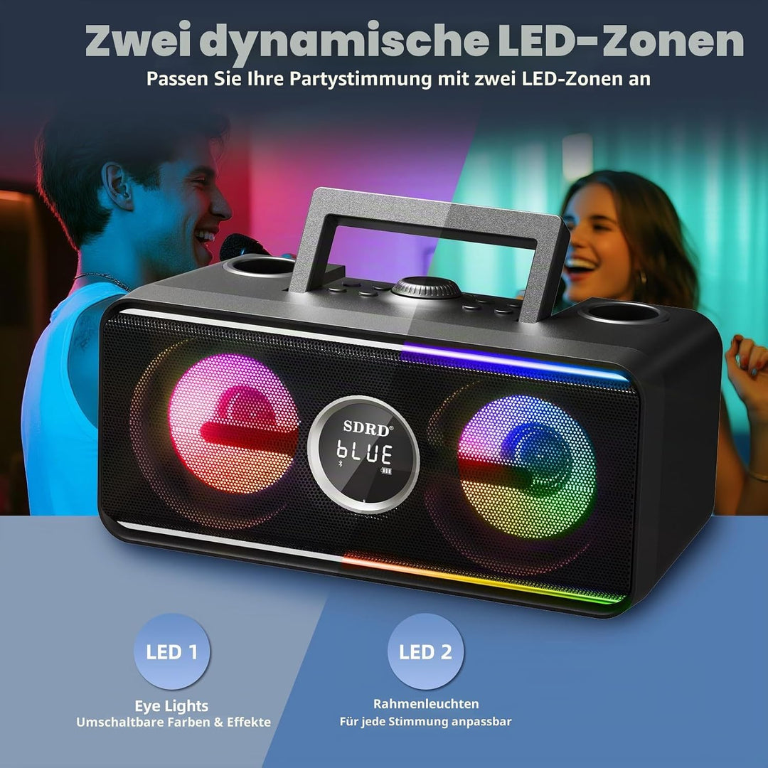 SDRD SD-216 Karaoke-Maschine – 2 kabellose Mikrofone, 80W kraftvoller Sound, Bluetooth &amp; LED-Lichter