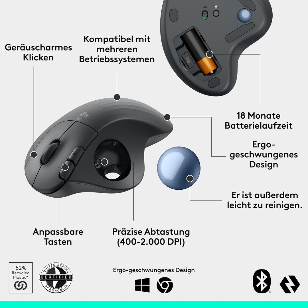 Logitech ERGO M575S kabellose Trackball-Maus, kabellose ergonomische Maus mit Bluetooth und verschlü