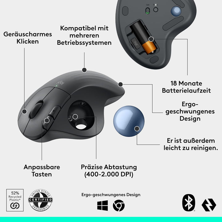 Logitech ERGO M575S kabellose Trackball-Maus, kabellose ergonomische Maus mit Bluetooth und verschlü