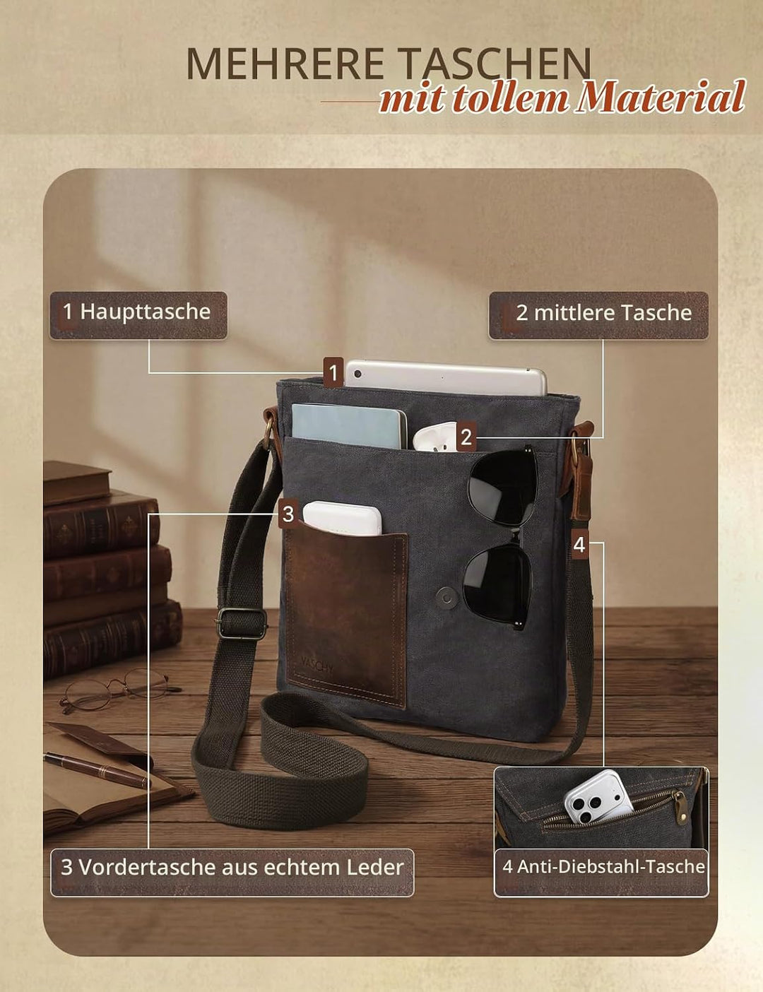 VASCHY Klein Umhängetasche Herren, Vintage Leinwand Herrentasche Echtes Leder Schultertasche Klassis