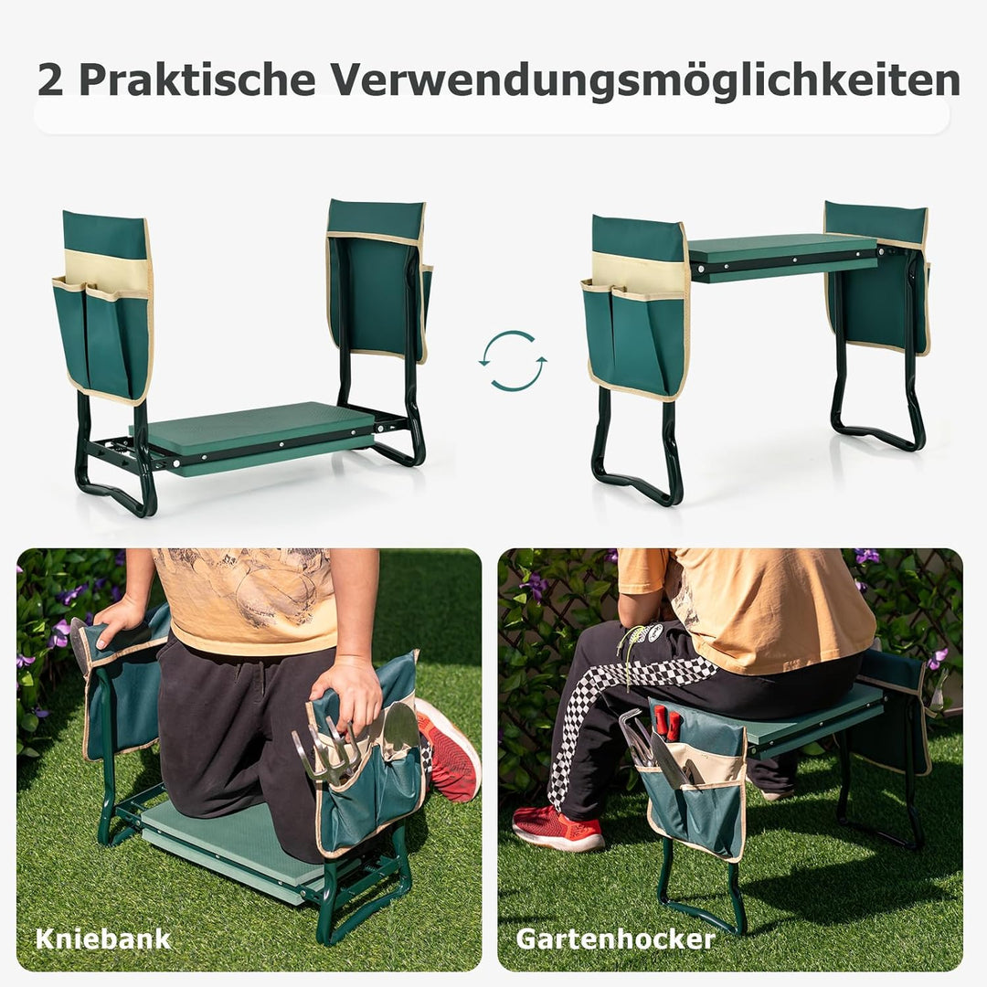 RELAX4LIFE 2-in-1 Kniebank klappbar, Kniehilfe mit 2 abnehmbaren Taschen &amp; Kniekissen EVA-Schaumstof