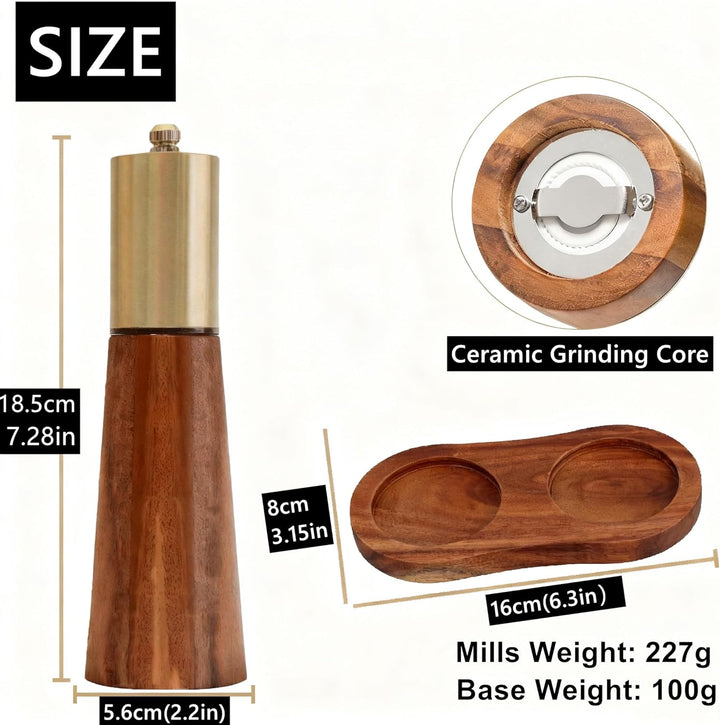 Salz und Pfeffermühlen Set aus Holz mit Sockel manuelle Pfeffermühlen Verstellbarer Keramikkern, Aka