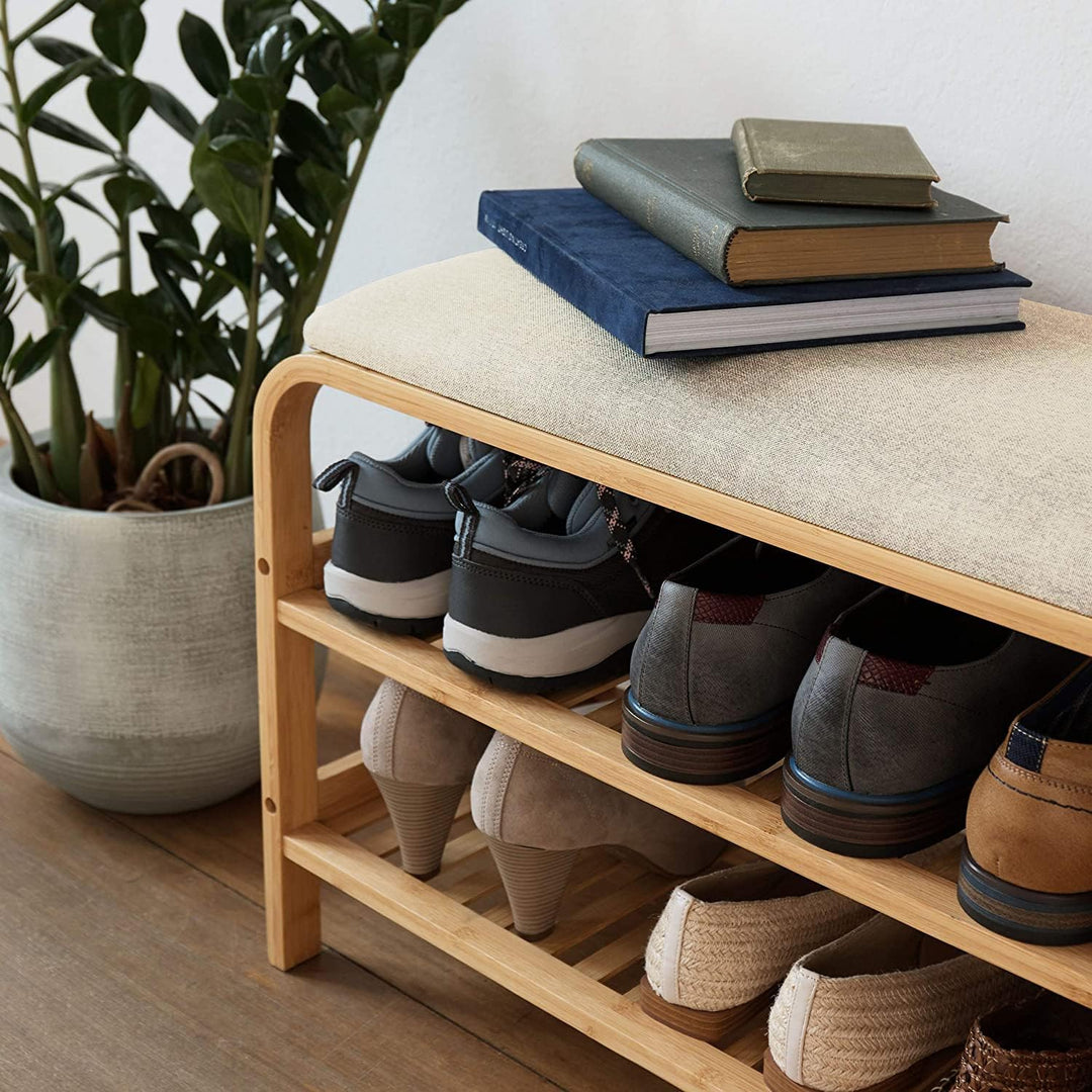 Bambus Schuhregal Schuhregal aus Bambus mit Sitzbank Schuhbank mit Sitzkissen und Schublade Sitzbank