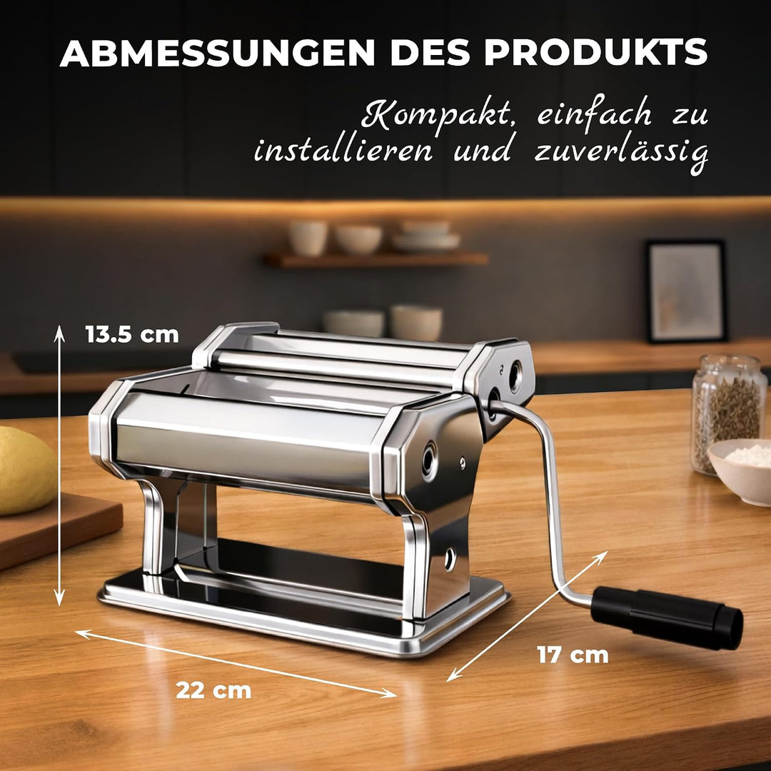 Allyson® Nudelmaschine Manuell Edelstahl – Pastamaschine mit 9 Einstellbaren Stärken &amp; Tischklemme –
