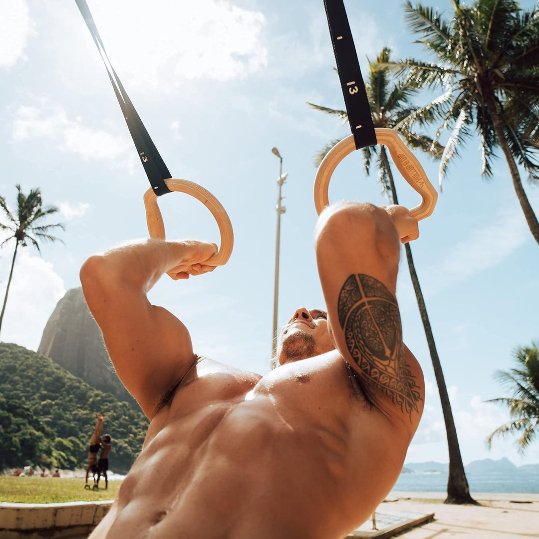 PULLUP & DIP Premium Turnringe Holz, Gym Rings Gymnastikringe, Turnerringe für Calisthenics, Breite