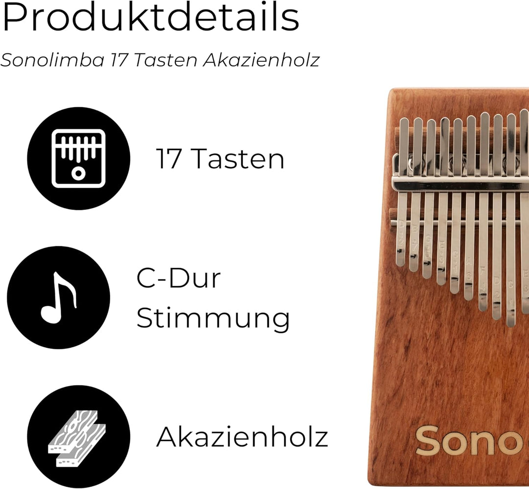 Sonolimba "Kalimba mit 17 Tasten" - Daumenklavier aus hochwertigem Akazienholz - Finger Thumb inkl.