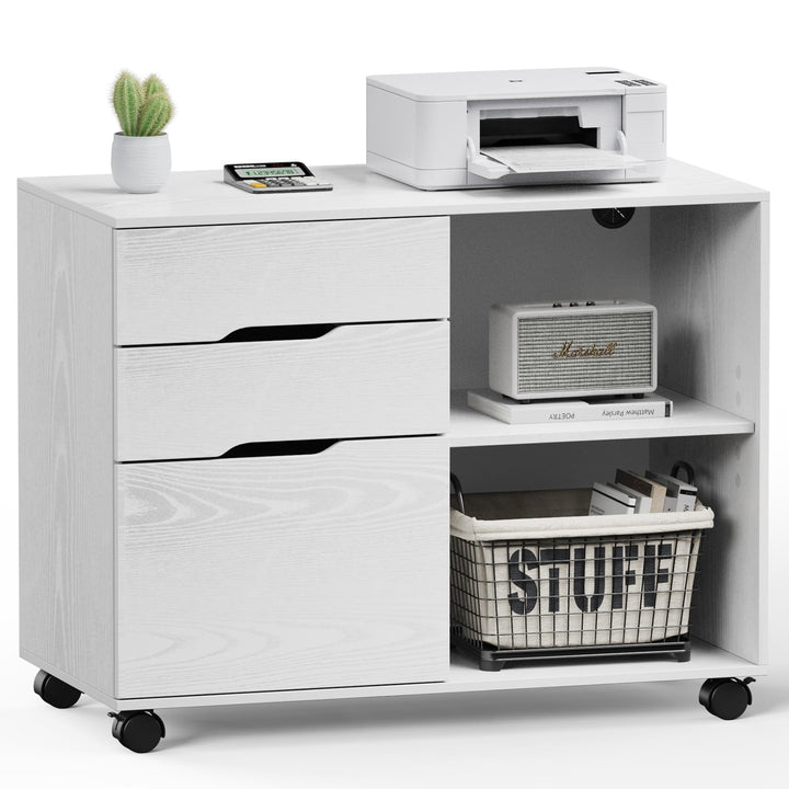 Sweetcrispy Rollcontainer mit 3 Schubladen,Aktenschrank und Druckerschrank mit Rollen,offene Ablage,