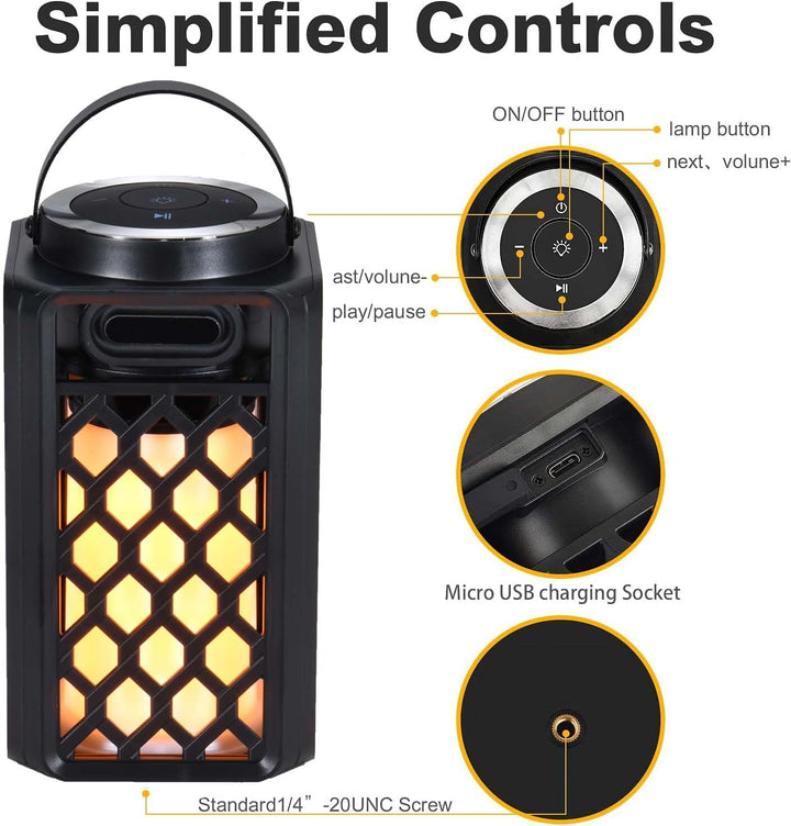 Bluetooth Lautsprecher mit LED Flammenlicht, Tragbare Outdoor Lautsprecher, IP65 Wasserdicht, Stereo