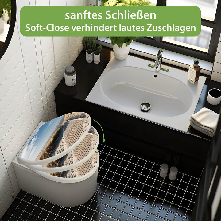 banjado® Toilettendeckel mit Absenkautomatik 44x37cm mit Motiv Dünen - WC Brille Soft Close - hygien