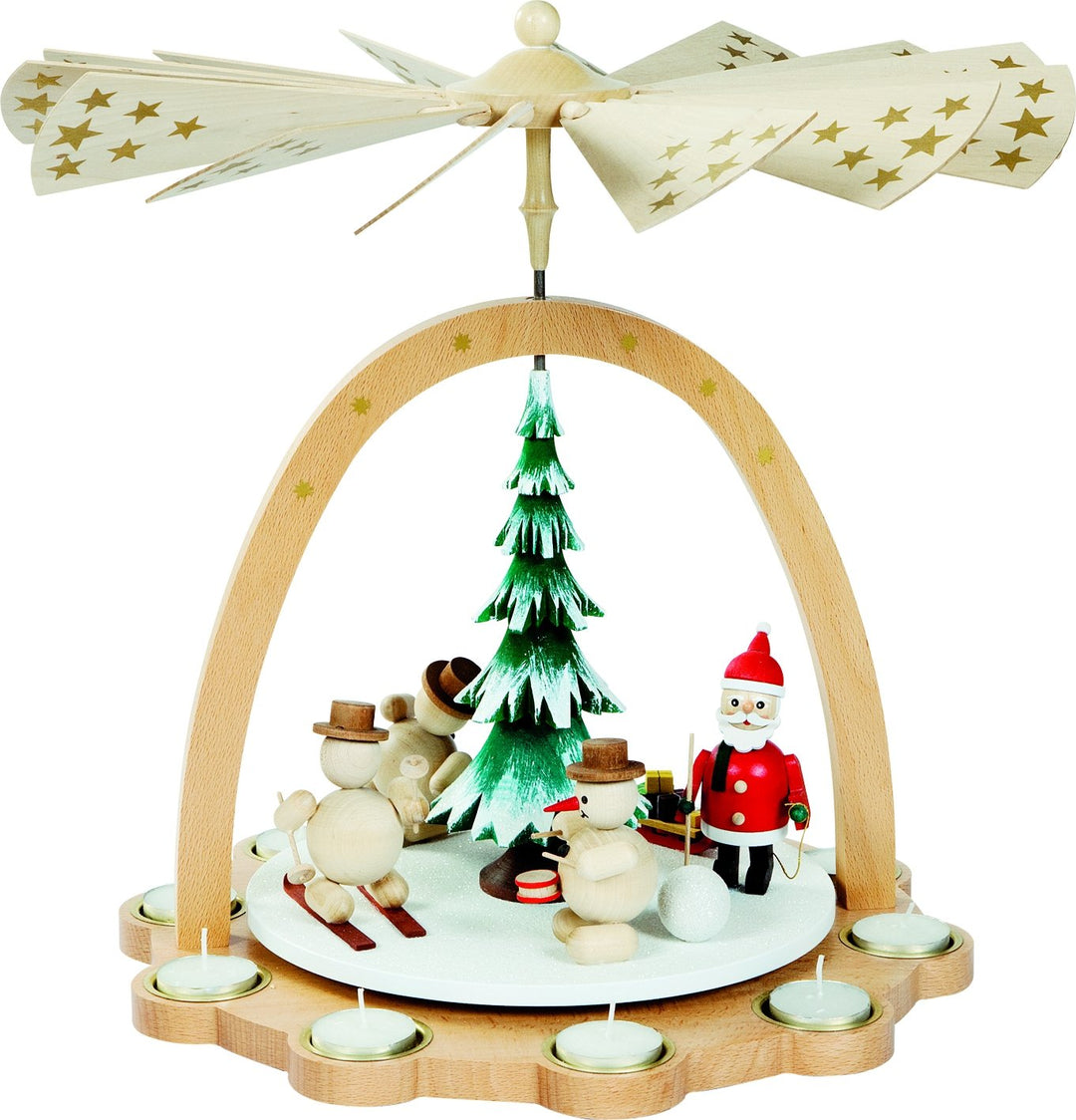 Richard Glässer Seiffen Weihnachtspyramide Schneemänner, 40 cm hoch, natur mit Teelichter, original