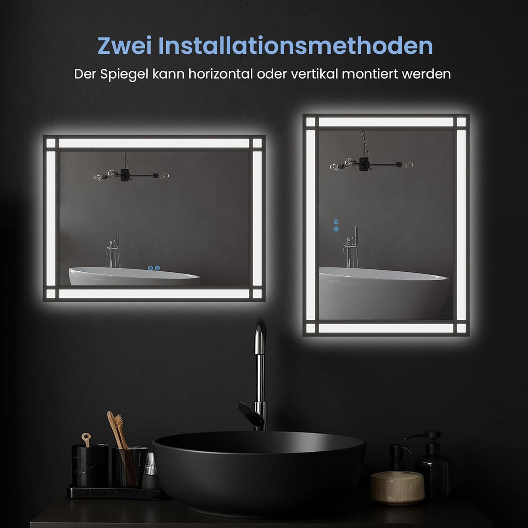 AQUABATOS Badspiegel mit Beleuchtung Schwarzer Rahmen Fensteroptik 50x70cm, Badezimmerspiegel Beleuc