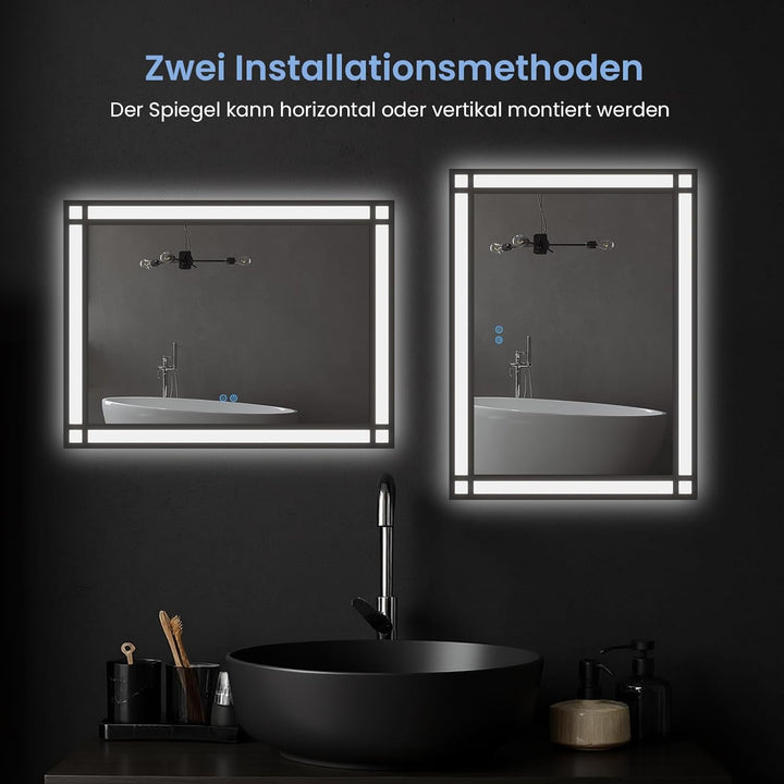 AQUABATOS Badspiegel mit Beleuchtung Schwarzer Rahmen Fensteroptik 50x70cm, Badezimmerspiegel Beleuc