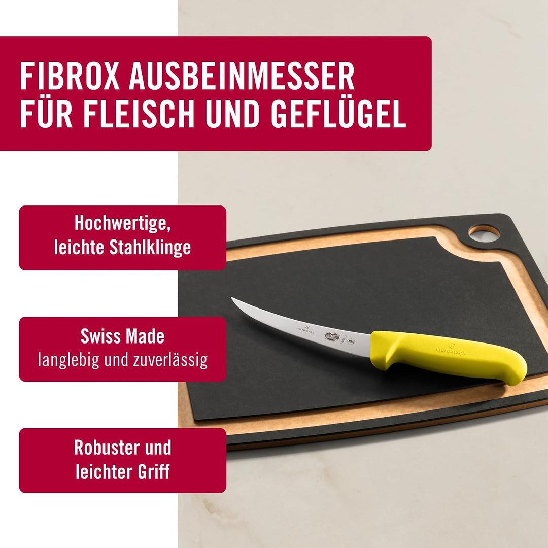 Victorinox Fibrox Ausbeinmesser, Scharfes Küchenmesser für Fleisch und Fisch, 12 cm, Gebogene Klinge