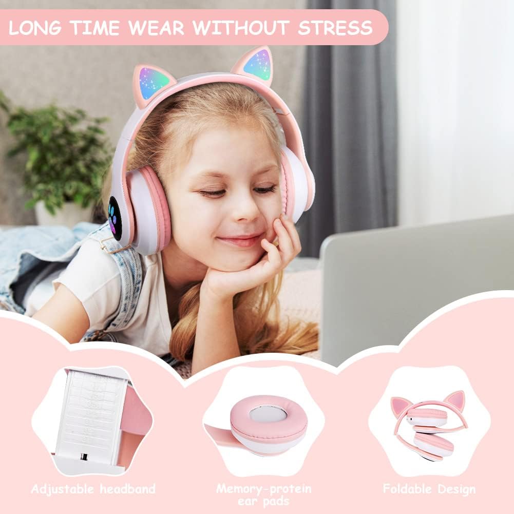 AXFEE Kopfhörer Kinder, Kinderkopfhörer Bluetooth, Mädchen Katzenohr Over-Ear mit LED-licht Faltbare