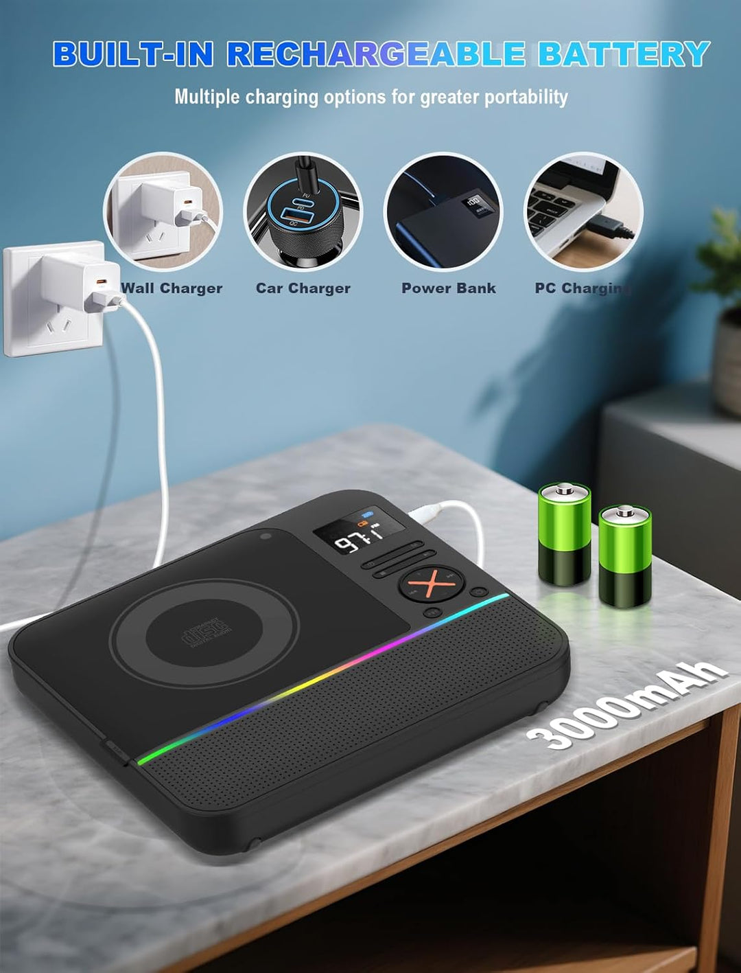 Tragbarer CD Player Bluetooth, Boombox Desktop CD-Player mit Bluetooth FM-Radio und RGB LED-Anzeige