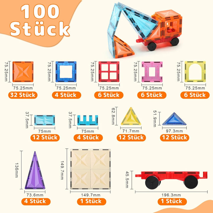 Magnetbausteine, 100 STK Magnetische Bausteine für Kinder, pädagogisches Konstruktionsspielzeug mit