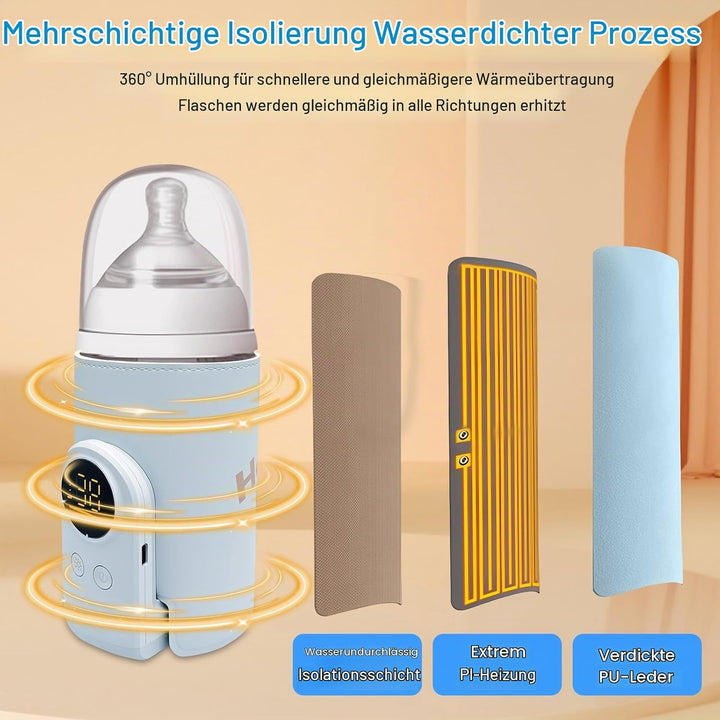 Flaschenwärmer Baby mit 6-Temperaturstufen (38°C-50°C), Tragbarer Flaschenwärmer Akku mit LCD-Displa