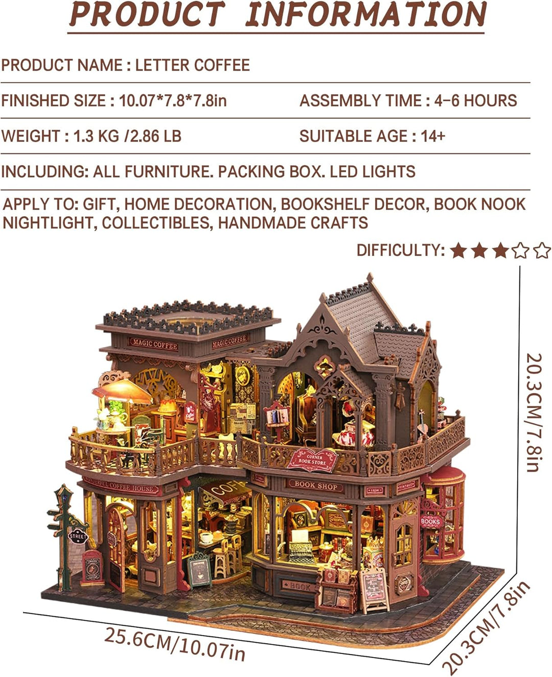 Spilay Miniatur Haus, Letter Coffee DIY Miniature House mit LED-Licht, 3D Holz Puppenhaus Bastelset