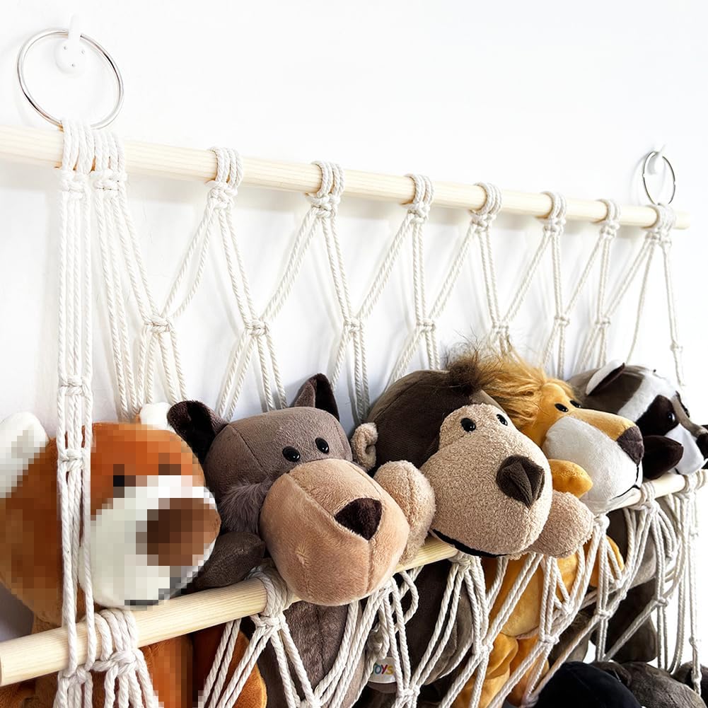Stofftier-Hängematte, 2 Ebenen, Holz-Hänge-Spielzeug-Organizer, Boho, platzsparender Spielzeug-Organ