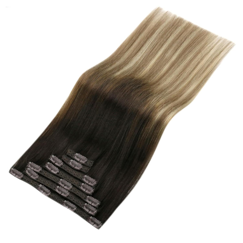 YoungSee Clip in Extensions Echthaar Balayage 40 cm Echthaar Clip in Extensions Braun Ombre Blond mi