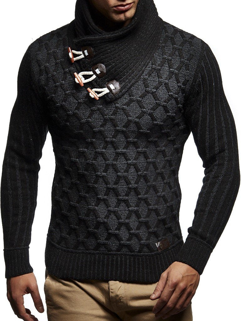 Leif Nelson Herren Strick-Pullover Schalkragen Slim Fit Winter Sommer Moderner Männer schwarzer Pull
